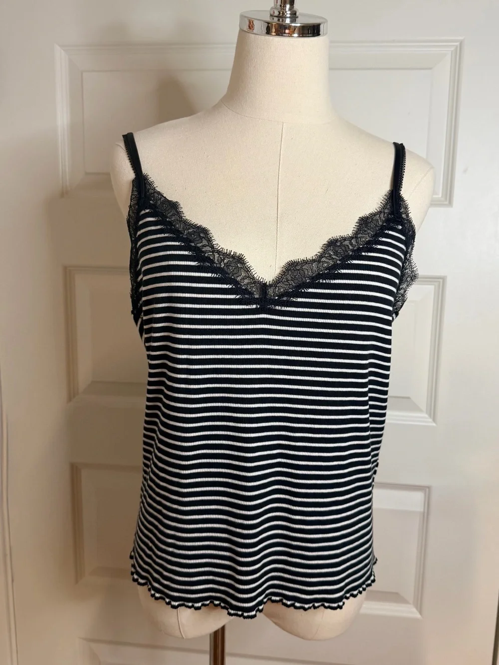 J. Crew Black & White Striped Fine Rib Lace Trim Cami